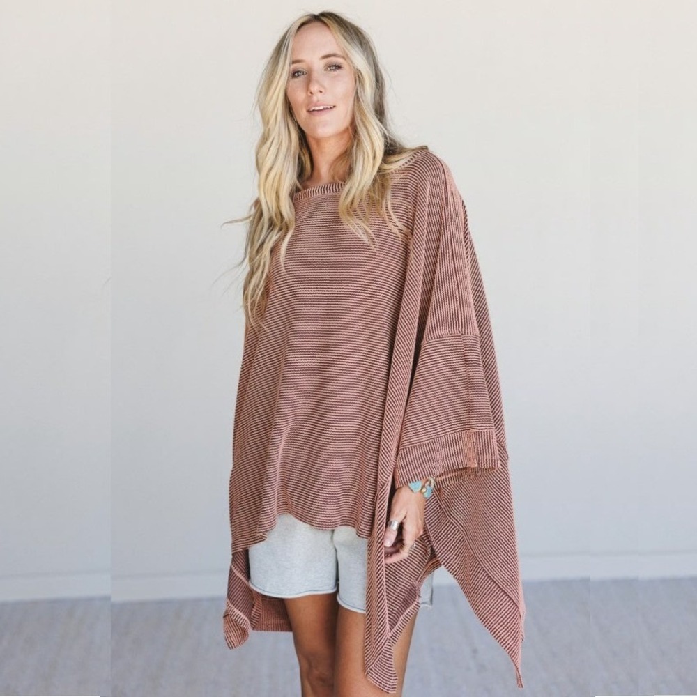 Three Bird Nest Poncho Top Women's S/M Striped Oversized Boho